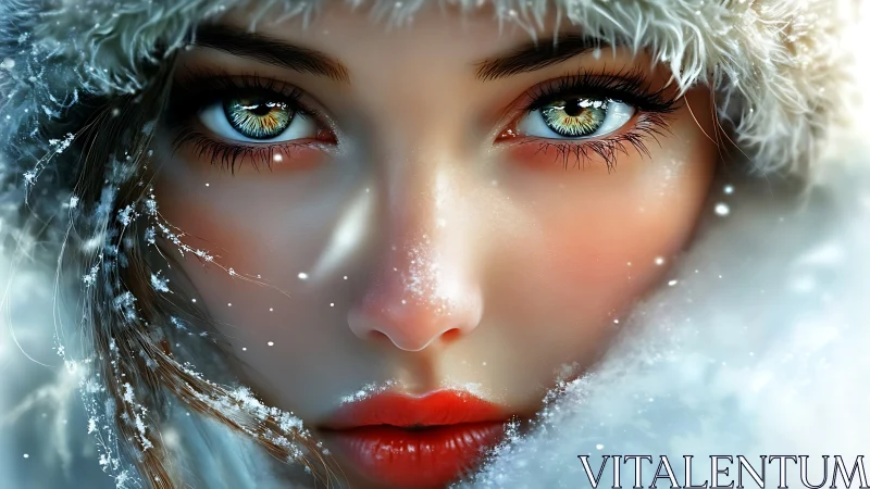 Winter portrait highlights icy eyes and luminous snowfall.