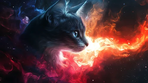 Mystical Cat Emerges from Cosmic Fire and Ethereal Light