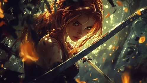Battle-ready red-haired swordswoman framed by dynamic forest lighting