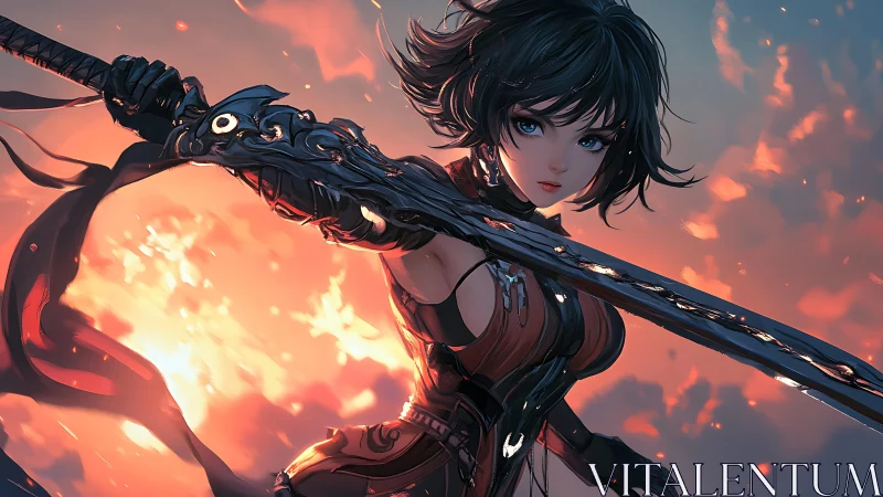 Fierce anime swordswoman framed by glowing sunset skies.