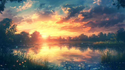 Sunset spell over a whispering lake of mirrored fire.