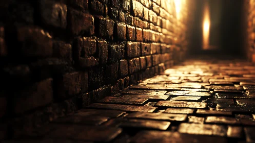 Wet brick alleyway reflects warm light along narrow walls