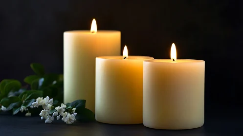 Soft ivory candles cast warm glow beside white blossoms.