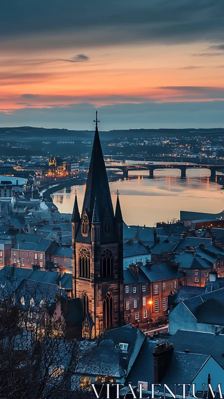 Twilight steeple crowns a riverside town in glowing hush.