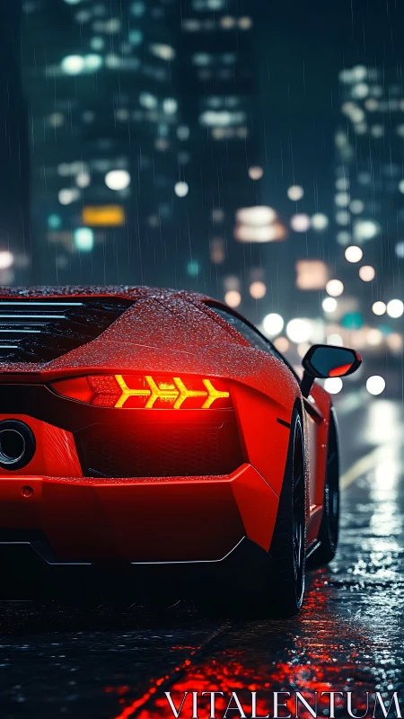 Crimson supercar stalks neon city streets in midnight rain.