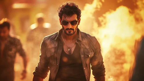 Intense man in sunglasses walking through fiery backdrop.