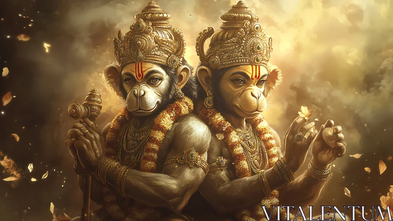 Twin simian deities crowned in molten gold and marigolds.