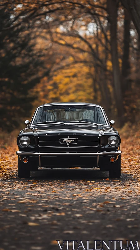 Classic black Ford Mustang on leaf-strewn autumn road.