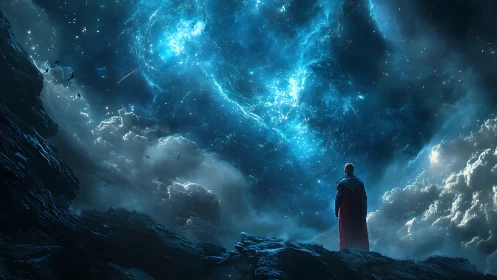 Lone figure in cape observes luminous galactic sky
