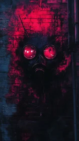Glimmering red gas mask face emerges on a dark brick wall