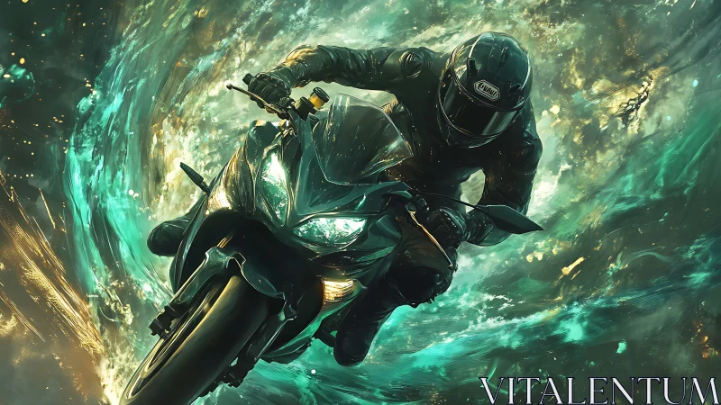 Dynamic digital painting of a rider cutting through energy vortex.