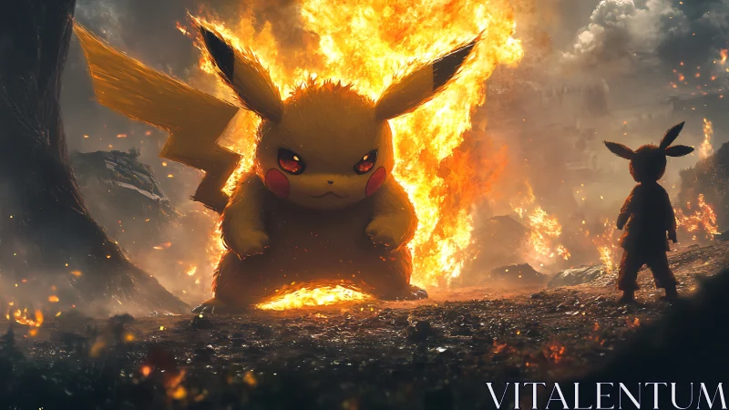 Electrified creature confronts trainer amid cinematic wildfire.