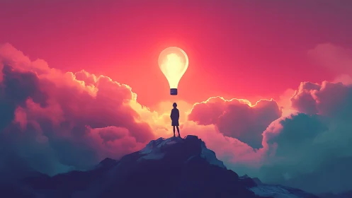 Silhouette under glowing bulb above clouds at sunset.