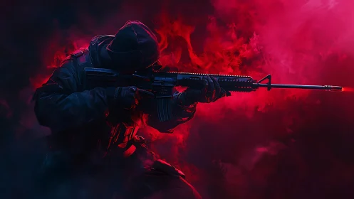 Hooded tactical sniper aiming rifle in red smoke field.