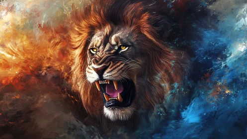 Roaring lion head rendered in high-contrast fire and ice palette