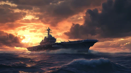 Stormlit titan carrier carving a fiery ocean horizon.