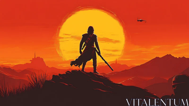 Solar-bleached warrior silhouette on extraterrestrial ridge line.