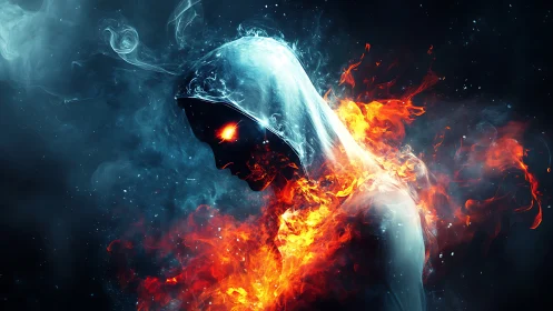 Hooded spectral figure rendered in high-contrast fire and vapor dynamics