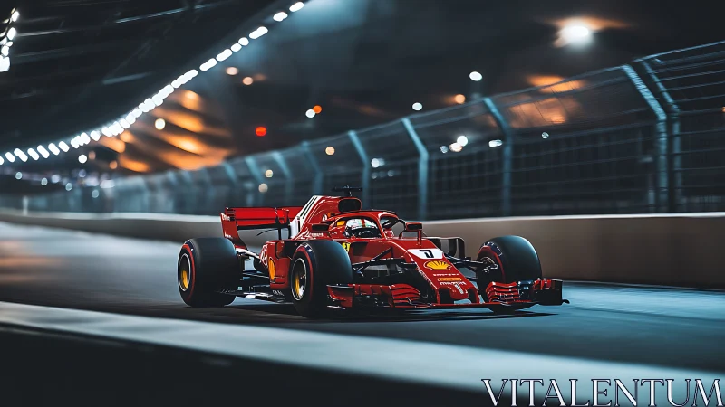 Photorealistic Formula race car at illuminated night circuit.