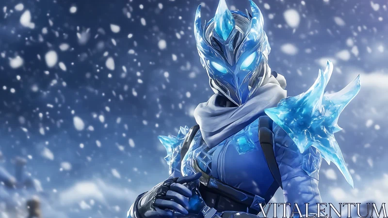 Ice armored warrior in blizzard with glowing blue eyes.