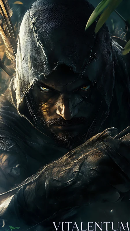 Shadowed ranger leans from the dark with fierce golden eyes