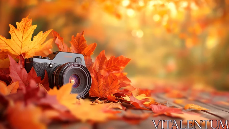 Black camera resting in bright orange autumn maple leaves.