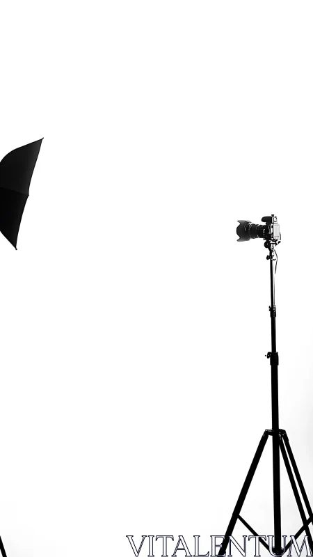 Studio camera and umbrella on minimalist white background.