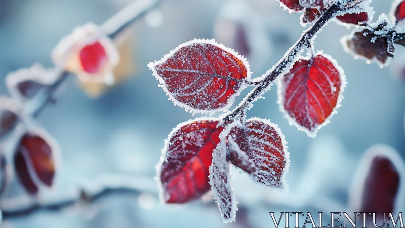 Frosted red leaves catch winter light on blurred blue background