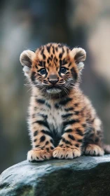 Pebble-throned leopard cub gazing like a pocket-sized monarch.