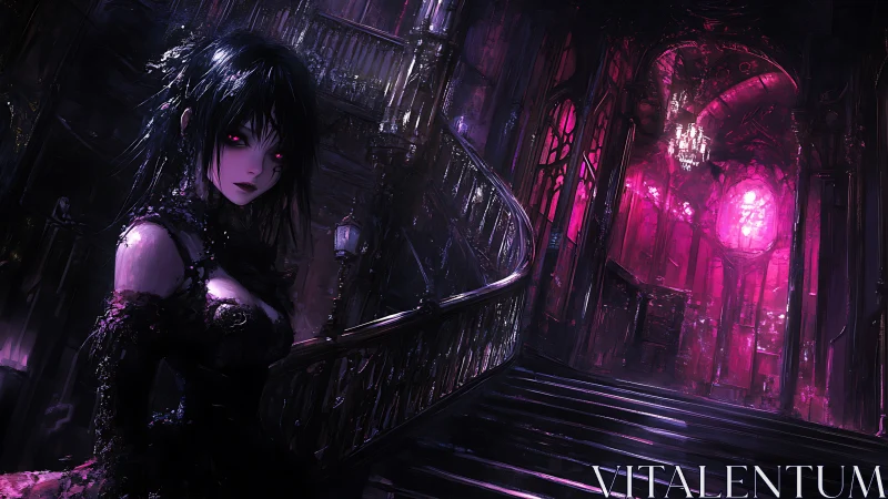 Gothic vampiric maiden in neon-lit cathedral staircase.