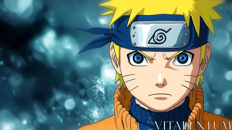 Blond ninja portrait holds intense forward gaze in blue glow