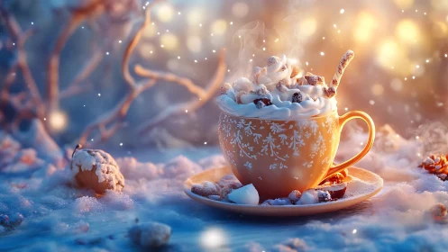 Steaming winter cocoa glows softly amid snowy twilight bokeh.