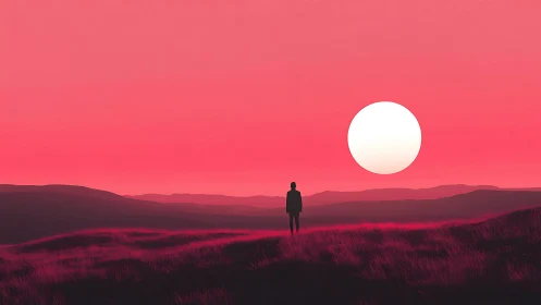 Solitary figure under oversized sun on neon red plain.