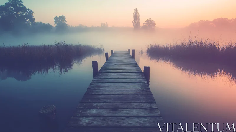 Fog-draped pier tiptoes into pastel morning stillness
