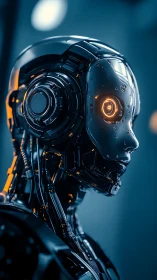 Sleek chrome android gazes ahead with warm neon accents