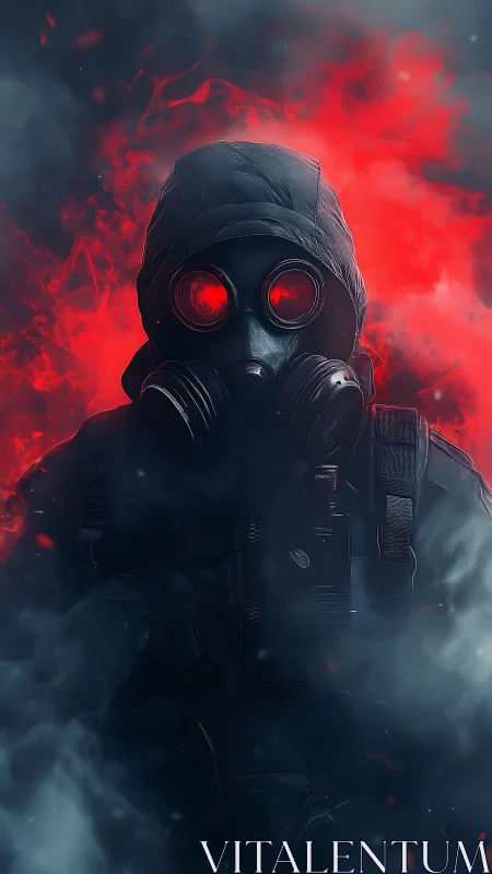 Cyberpunk gasmask operative in red backlit vapor field.