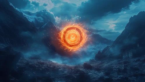 Fiery circular energy vortex over misty rocky valley landscape.