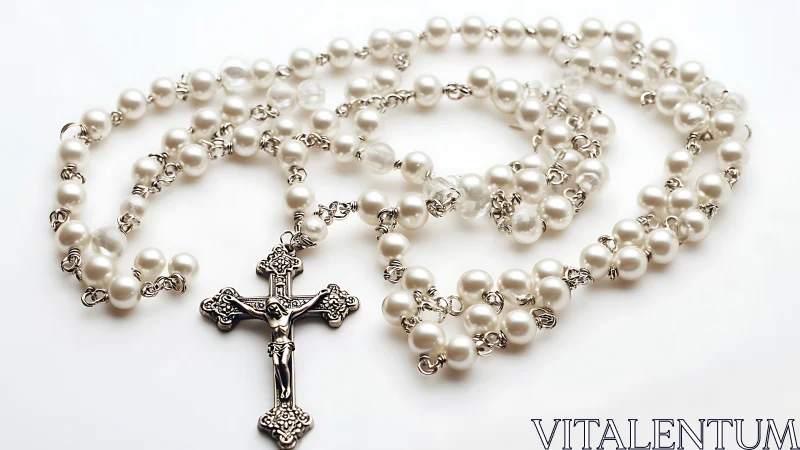 White pearl rosary with silver crucifix on white background.
