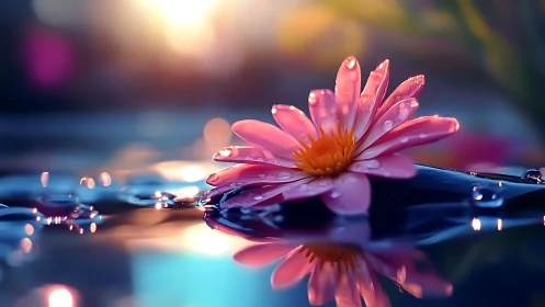 Dewlit pink daisy drifting on a neon-tinted dreamwater mirror.