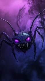 Midnight guardian spider with glowing violet gaze.