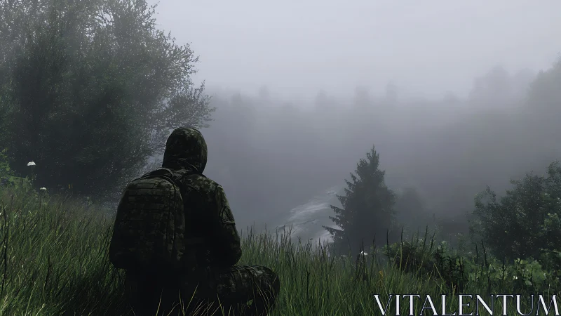 Quiet watcher in the misty valley, wrapped in soft fog.