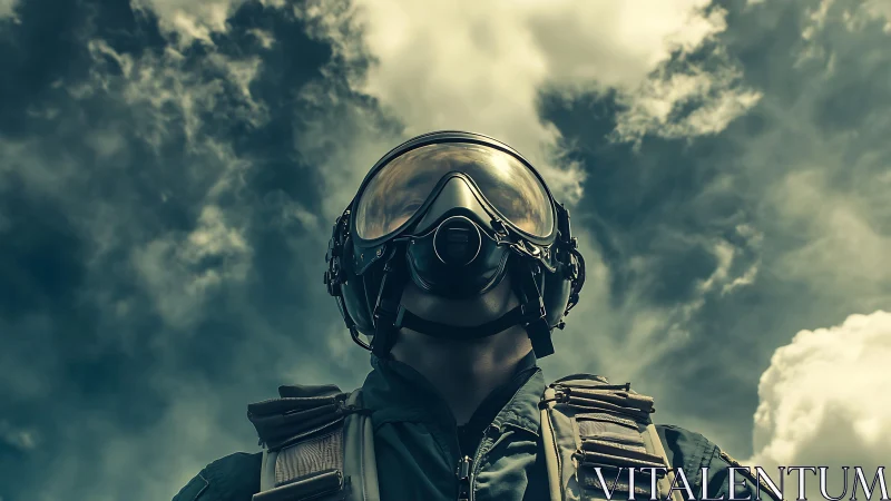 Fighter pilot in helmet and gear stands under dramatic clouds