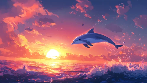 Dolphin arcs through a sherbet sunset over glittering waves