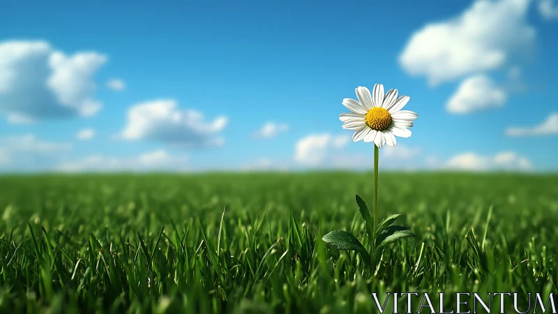 Single white daisy rises from lush green spring meadow.