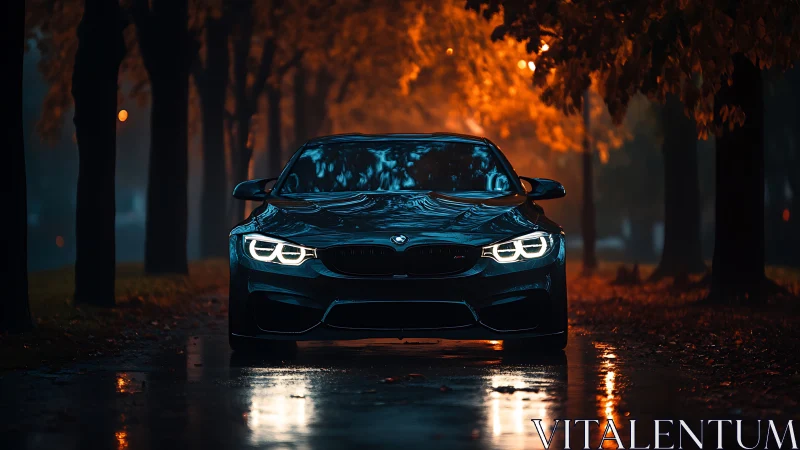 Night drive unfolds as a sleek car glows under autumn trees