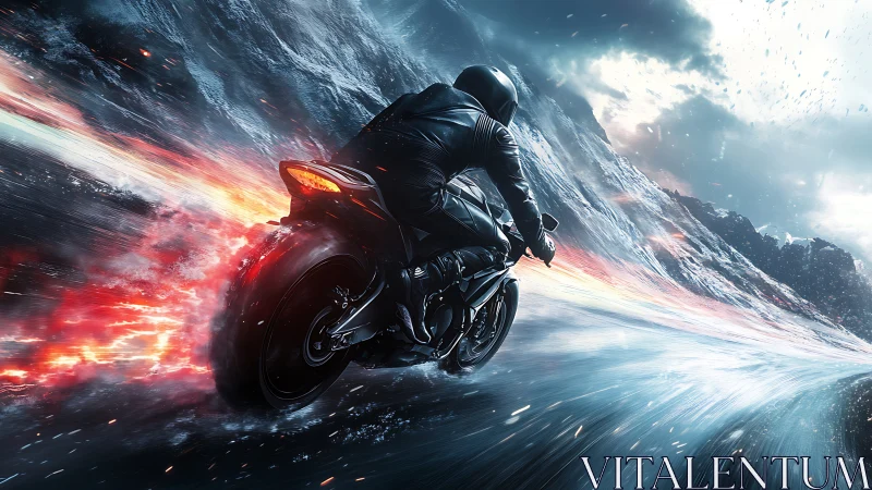 Fearless rider chasing light through a stormy mountain pass.