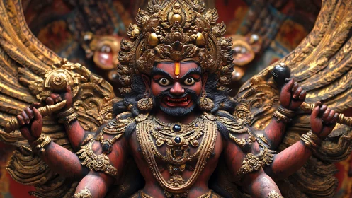 Ornate multi-armed deity sculpture with gold decorative detail.