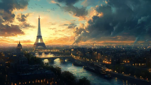 Golden hour settles gently over a glowing Parisian skyline