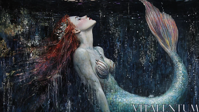 Textured underwater mermaid profile with iridescent scaled tail