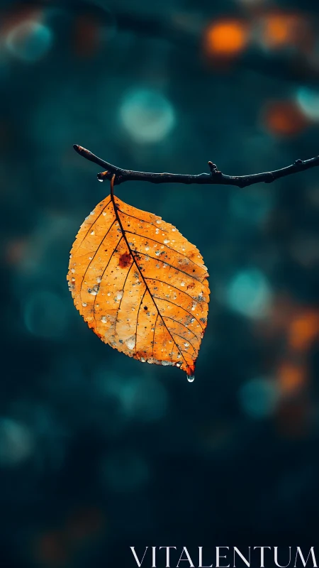 Single wet orange leaf on branch against teal soft bokeh.